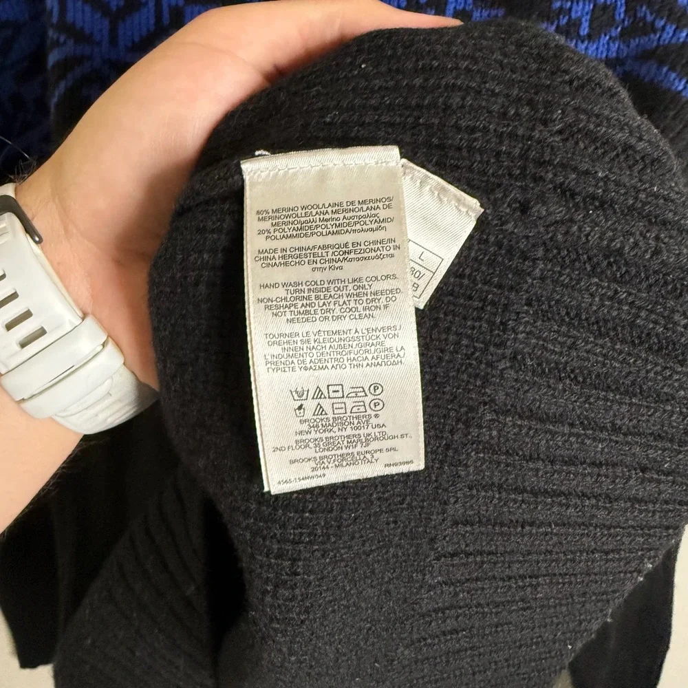 Brooks Brothers Red Fleece Mens Blue Black Fair Isle Merino Wool Sweater Large